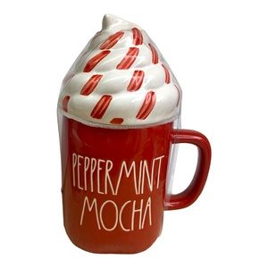 NWT Rae Dunn Peppermint Mocha Mug with Red & White Whip Cream Lid Topper LG